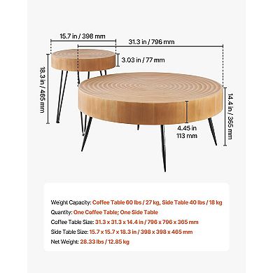 Round Coffee and Side Table Set, Wood Top with Metal Legs, 2-Piece Living Room
