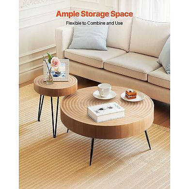 Round Coffee and Side Table Set, Wood Top with Metal Legs, 2-Piece Living Room