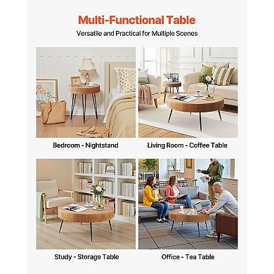 Round Coffee and Side Table Set, Wood Top with Metal Legs, 2-Piece Living Room