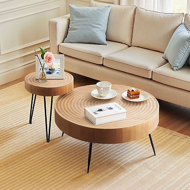 Round Coffee and Side Table Set, Wood Top with Metal Legs, 2-Piece Living Room
