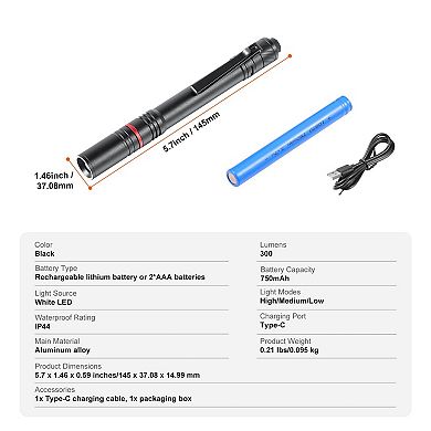 Rechargeable LED Pen Flashlight with High, Medium, and Low Modes