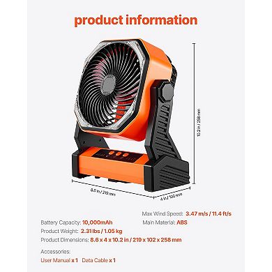 Cordless Portable Fan for Camping & Travel, 4-Speed, LED, USB-C Charging