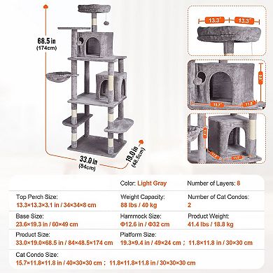 Multi-Level Cat Tree for 14 Cats with Two Condos Hammock and Top Perch