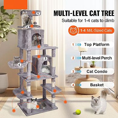 Multi-Level Cat Tree for 14 Cats with Two Condos Hammock and Top Perch
