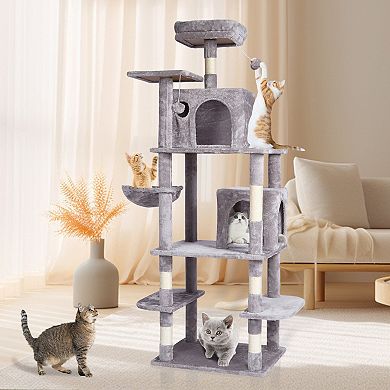 Multi-Level Cat Tree for 14 Cats with Two Condos Hammock and Top Perch