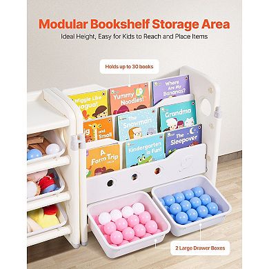 Multi-Functional Storage and Bookshelf with Open Bins and Book Display