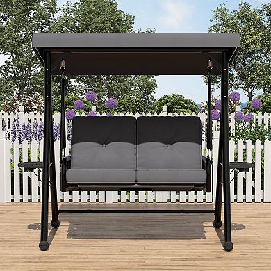 2 Seat Outdoor Porch Swing w/Stand, Patio Swing w/Adjustable Canopy,Removable Cushions＆ Cup Holders