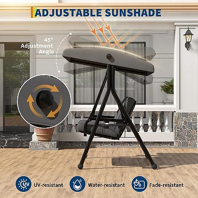2 Seat Outdoor Porch Swing w/Stand, Patio Swing w/Adjustable Canopy,Removable Cushions＆ Cup Holders