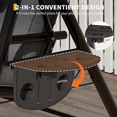 2 Seat Outdoor Porch Swing w/Stand, Patio Swing w/Adjustable Canopy,Removable Cushions＆ Cup Holders