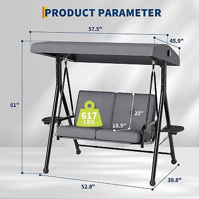 2 Seat Outdoor Porch Swing w/Stand, Patio Swing w/Adjustable Canopy,Removable Cushions＆ Cup Holders