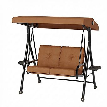 2 Seat Outdoor Porch Swing w/Stand, Patio Swing w/Adjustable Canopy,Removable Cushions＆ Cup Holders