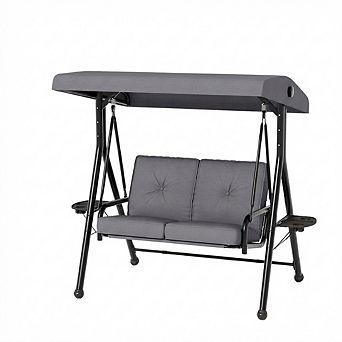 2 Seat Outdoor Porch Swing w/Stand, Patio Swing w/Adjustable Canopy,Removable Cushions＆ Cup Holders