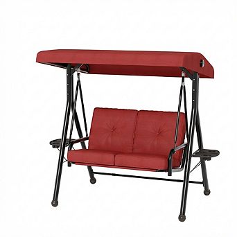 2 Seat Outdoor Porch Swing w/Stand, Patio Swing w/Adjustable Canopy,Removable Cushions＆ Cup Holders