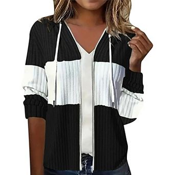 Women's Zip Up Hoodies Sweater Color Block Knit Hooded Sweatshirts Casual Drawstring Thin Tops