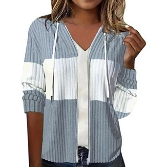Women's Zip Up Hoodies Sweater Color Block Knit Hooded Sweatshirts Casual Drawstring Thin Tops