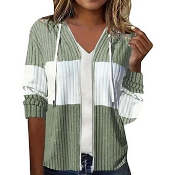 Women's Zip Up Hoodies Sweater Color Block Knit Hooded Sweatshirts Casual Drawstring Thin Tops