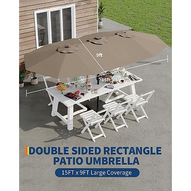 15FT Large Patio Umbrella w/Base and Solar Lights, Umbrella Oversized Shade for 8-10 People, 36 LED