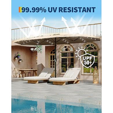 15FT Large Patio Umbrella w/Base and Solar Lights, Umbrella Oversized Shade for 8-10 People, 36 LED