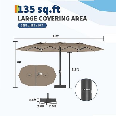 15FT Large Patio Umbrella w/Base and Solar Lights, Umbrella Oversized Shade for 8-10 People, 36 LED