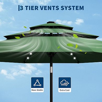 10Ft 3-Tier Solar Patio Umbrella with LED Lights, Outdoor Table Umbrella with Vents