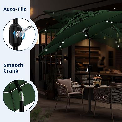 10Ft 3-Tier Solar Patio Umbrella with LED Lights, Outdoor Table Umbrella with Vents