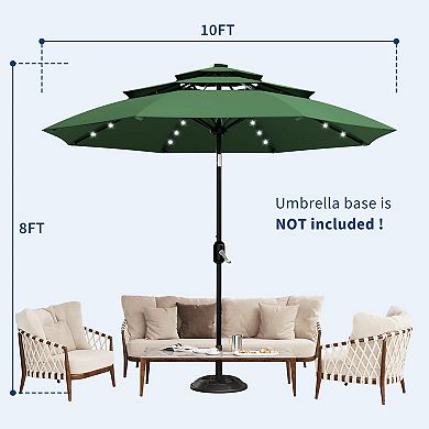 10Ft 3-Tier Solar Patio Umbrella with LED Lights, Outdoor Table Umbrella with Vents