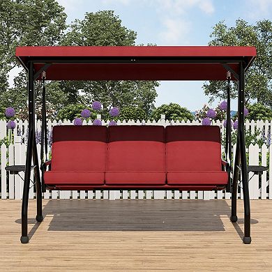 3-Seat Outdoor Patio Porch Swing w/Canopy, Thickened Removable Cushions ＆ Cup Holders