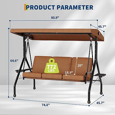 3-Seat Outdoor Patio Porch Swing w/Canopy, Thickened Removable Cushions ＆ Cup Holders