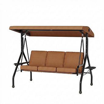 3-Seat Outdoor Patio Porch Swing w/Canopy, Thickened Removable Cushions ＆ Cup Holders