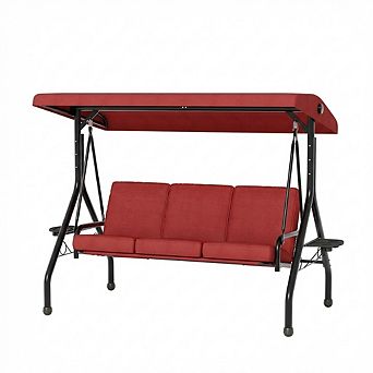 3-Seat Outdoor Patio Porch Swing w/Canopy, Thickened Removable Cushions ＆ Cup Holders