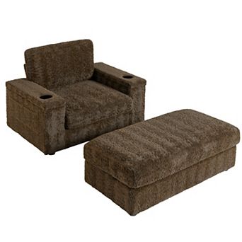 Whisen Oversized Single Sofa with Cup Holders, Storage Ottoman and Armrests