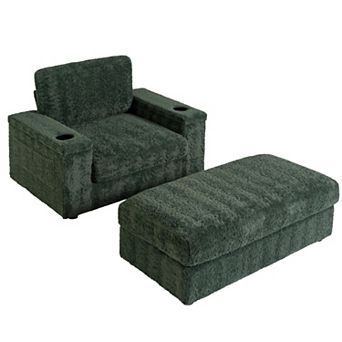 Whisen Oversized Single Sofa with Cup Holders, Storage Ottoman and Armrests