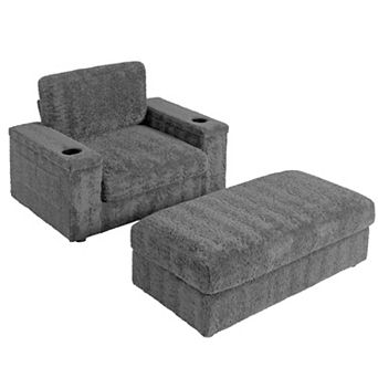 Whisen Oversized Single Sofa with Cup Holders, Storage Ottoman and Armrests