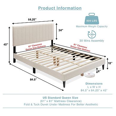 Lufeiya Queen Size Upholstered Platform Bed Frame with Tufted Channel Headboard, Wood Slat Support