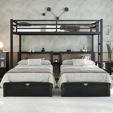 Lufeiya Full XL Over Twin & Twin Triple Bunk Bed with Storage Drawer, Shelves, and USB Charging Port
