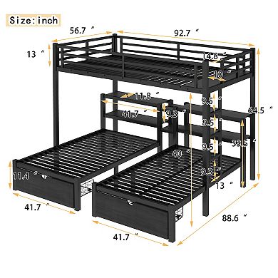 Lufeiya Full XL Over Twin & Twin Triple Bunk Bed with Storage Drawer, Shelves, and USB Charging Port
