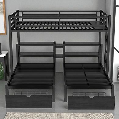 Lufeiya Full XL Over Twin & Twin Triple Bunk Bed with Storage Drawer, Shelves, and USB Charging Port
