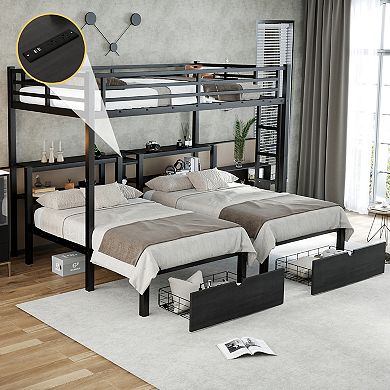 Lufeiya Full XL Over Twin & Twin Triple Bunk Bed with Storage Drawer, Shelves, and USB Charging Port