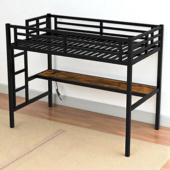 Lufeiya Metal Twin XL Size Loft Bed with Desk, USB Charging Station, LED Light and Guardrails