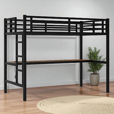 Lufeiya Metal Twin XL Size Loft Bed with Desk, USB Charging Station, LED Light and Guardrails