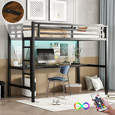 Lufeiya Metal Twin XL Size Loft Bed with Desk, USB Charging Station, LED Light and Guardrails