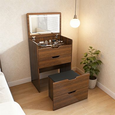 Lufeiya 3-in-1 Vanity Desk with Dimmable LED Mirror Flip Top Makeup Dressing Table Compact Storage