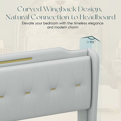 Lufeiya Queen Size PU Leather Upholstered Platform Bed Frame with Wingback Headboard and Footboard