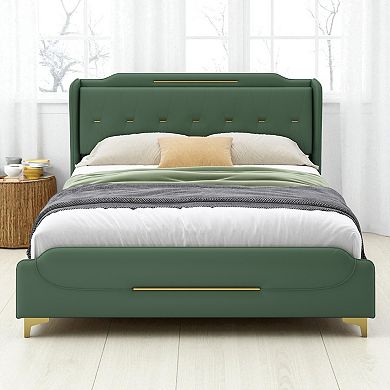 Lufeiya Queen Size PU Leather Upholstered Platform Bed Frame with Wingback Headboard and Footboard