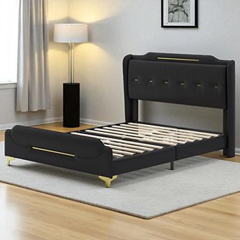 Lufeiya Queen Size PU Leather Upholstered Platform Bed Frame with Wingback Headboard and Footboard