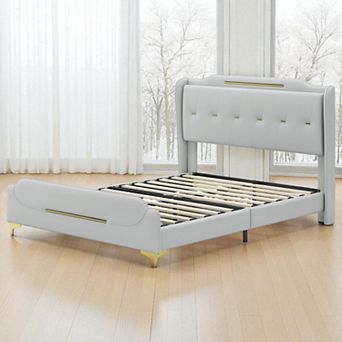 Lufeiya Queen Size PU Leather Upholstered Platform Bed Frame with Wingback Headboard and Footboard