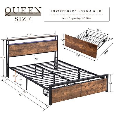 Lufeiya Queen Size Metal Platform Bed Frame with Headboard,2 Drawers, RGB LED, Charging Station