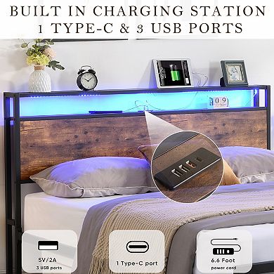 Lufeiya Queen Size Metal Platform Bed Frame with Headboard,2 Drawers, RGB LED, Charging Station