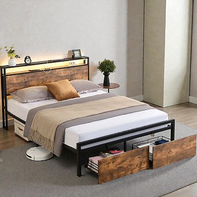 Lufeiya Queen Size Metal Platform Bed Frame with Headboard,2 Drawers, RGB LED, Charging Station