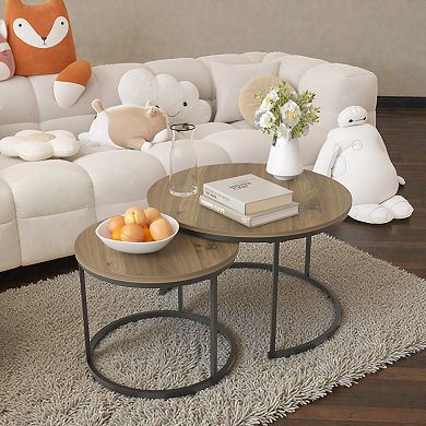 Lufeiya Set of 2 Nesting Round Coffee Tables, Sofa Table, Wood and Metal Side Tables